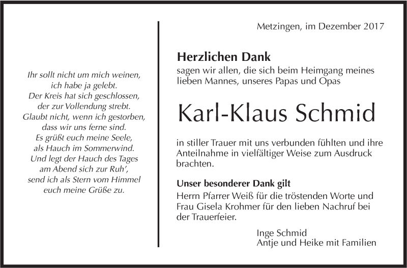  Traueranzeige für Karl-Klaus Schmid vom 30.12.2017 aus Metzinger-Uracher Volksblatt