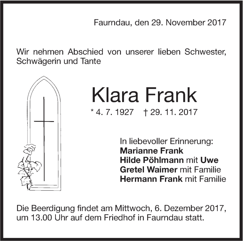  Traueranzeige für Klara Frank vom 02.12.2017 aus NWZ Neue Württembergische Zeitung