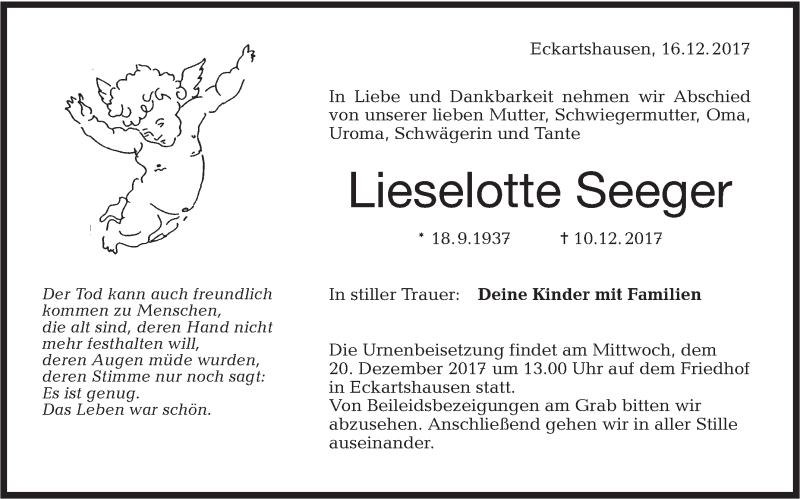  Traueranzeige für Lieselotte Seeger vom 16.12.2017 aus Haller Tagblatt
