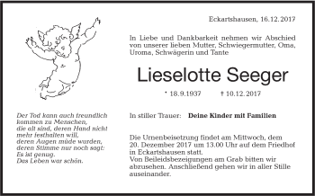 Traueranzeige von Lieselotte Seeger von Haller Tagblatt