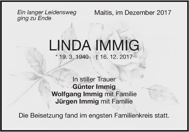  Traueranzeige für Linda Immig vom 23.12.2017 aus NWZ Neue Württembergische Zeitung