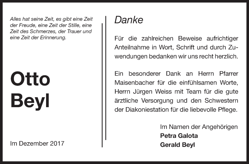  Traueranzeige für Otto Beyl vom 20.12.2017 aus SÜDWEST PRESSE