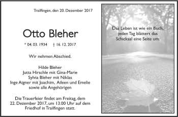 Traueranzeige von Otto Bleher von Metzinger-Uracher Volksblatt