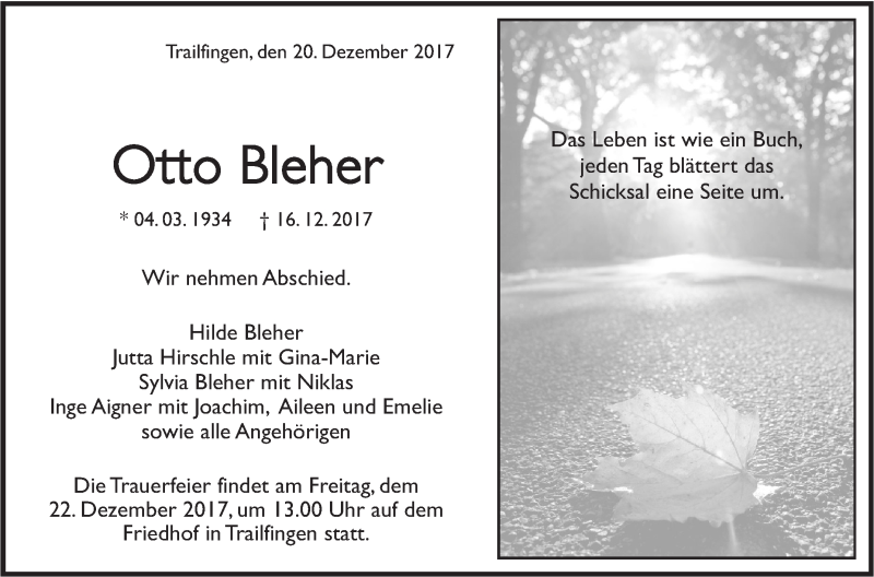  Traueranzeige für Otto Bleher vom 20.12.2017 aus Metzinger-Uracher Volksblatt