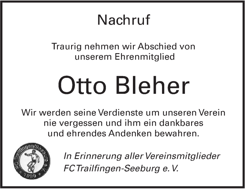  Traueranzeige für Otto Bleher vom 22.12.2017 aus Alb-Bote/Metzinger-Uracher Volksblatt