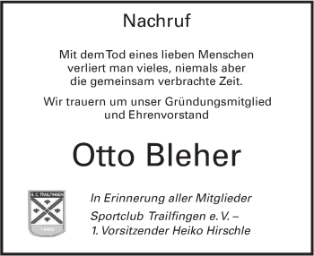 Traueranzeige von Otto Bleher von Alb-Bote/Metzinger-Uracher Volksblatt