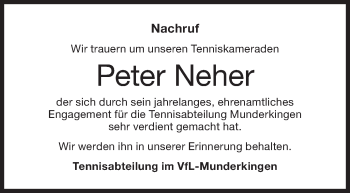 Traueranzeige von Peter Neher von Ehinger Tagblatt