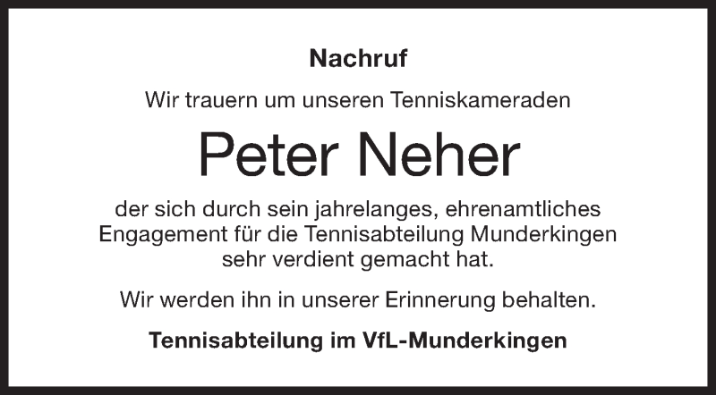  Traueranzeige für Peter Neher vom 21.12.2017 aus Ehinger Tagblatt