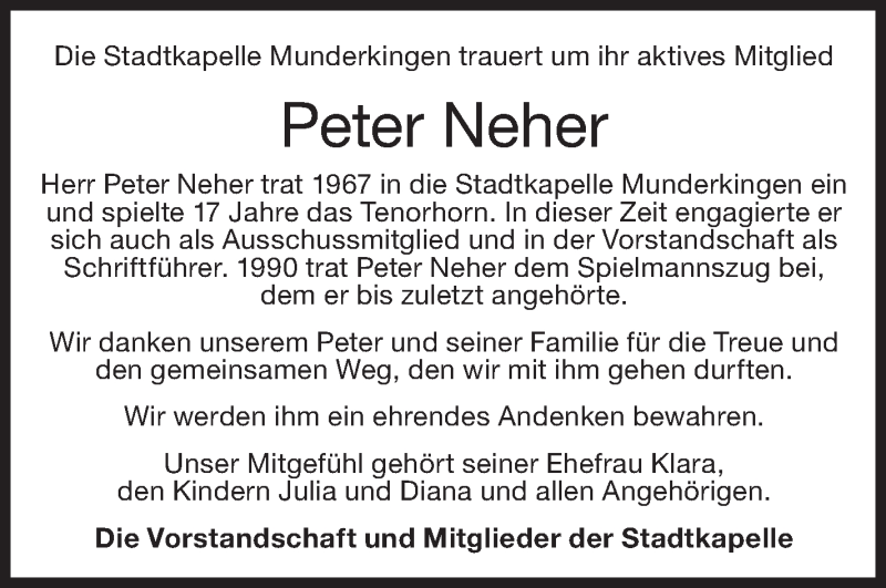  Traueranzeige für Peter Neher vom 21.12.2017 aus Ehinger Tagblatt