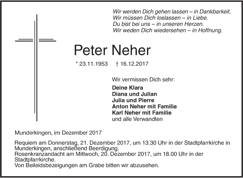  Traueranzeige für Peter Neher vom 19.12.2017 aus Ehinger Tagblatt