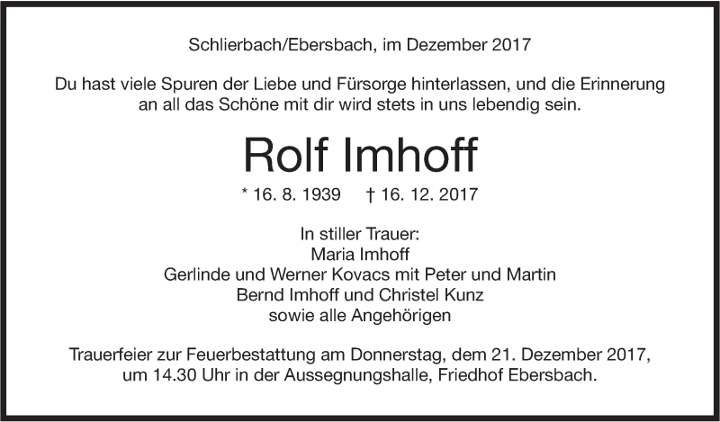  Traueranzeige für Rolf Imhoff vom 19.12.2017 aus NWZ Neue Württembergische Zeitung