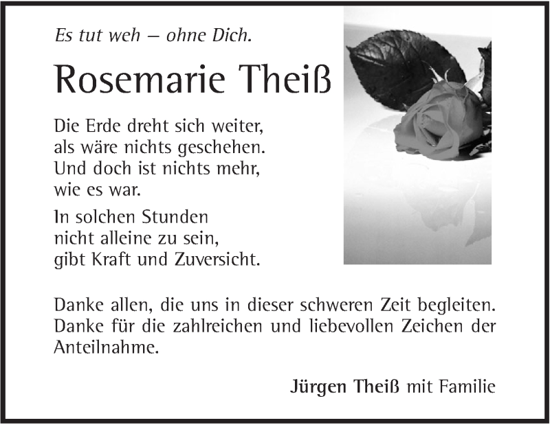 Traueranzeige für Rosemarie Theiß vom 14.12.2017 aus Geislinger Zeitung