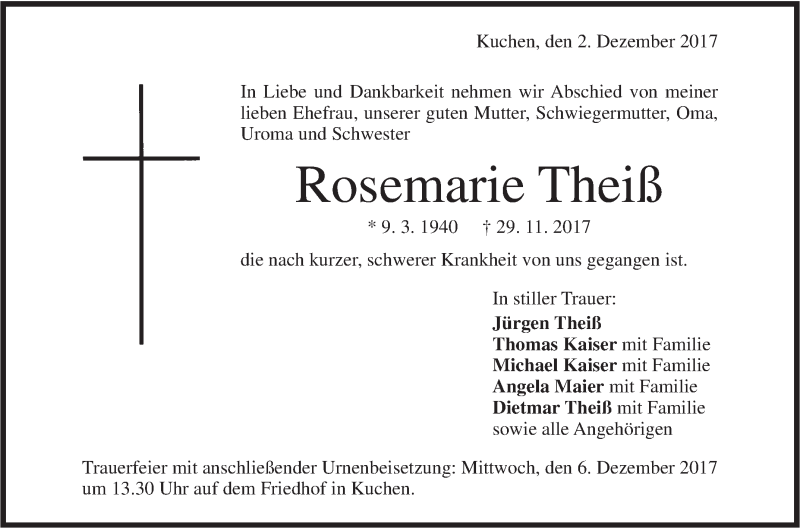  Traueranzeige für Rosemarie Theiß vom 02.12.2017 aus Geislinger Zeitung