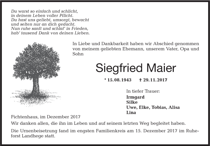  Traueranzeige für Siegfried Maier vom 22.12.2017 aus Hohenloher Tagblatt