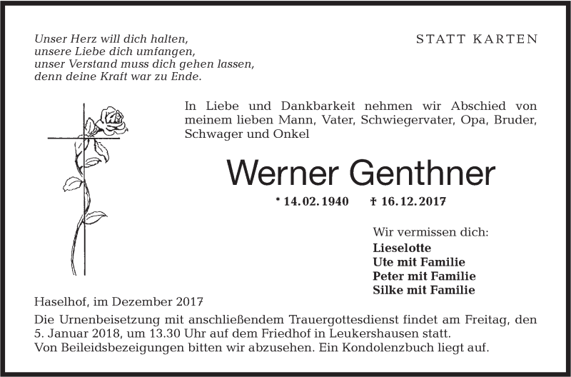  Traueranzeige für Werner Genthner vom 02.01.2018 aus Hohenloher Tagblatt