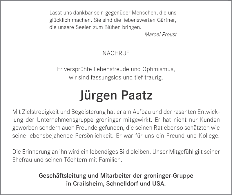  Traueranzeige für Jürgen Paatz vom 19.01.2017 aus Südwest Presse