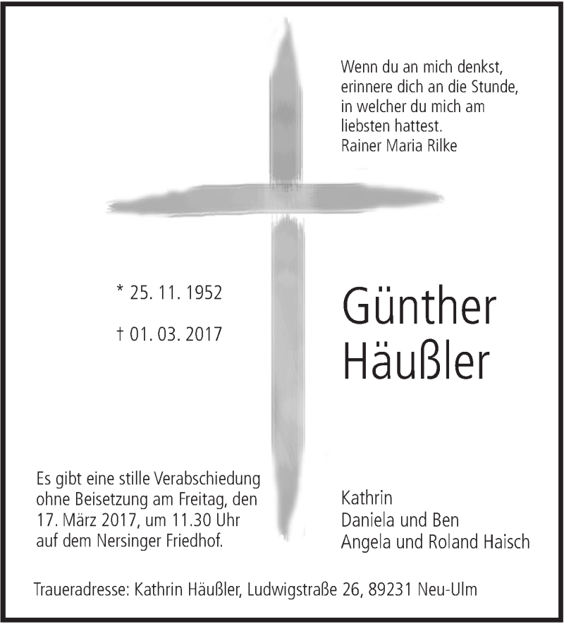  Traueranzeige für Günther Häußler vom 11.03.2017 aus Südwest Presse