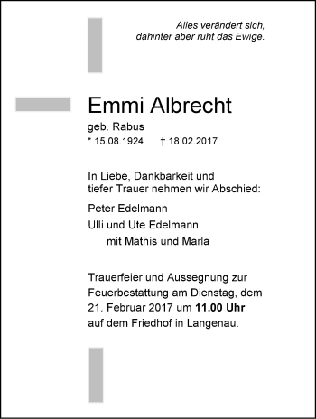 Traueranzeige von Emmi Albrecht von Südwest Presse