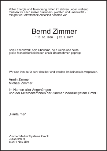 Traueranzeige von Bernd Zimmer von Südwest Presse