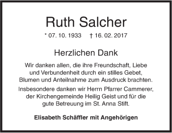 Traueranzeige von Ruth Salcher von Südwest Presse