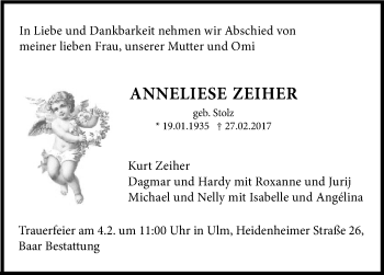 Traueranzeige von Anneliese Zeiher von Südwest Presse