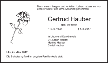 Traueranzeige von Gertrud Hauber von Südwest Presse