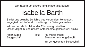 Traueranzeige von Isabella Barth von Südwest Presse