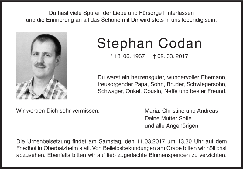  Traueranzeige für Stephan Codan vom 07.03.2017 aus Illertal Bote