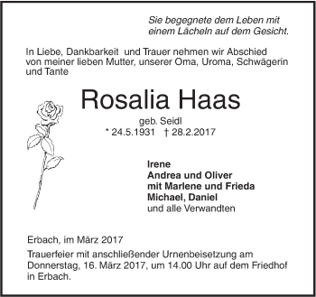Traueranzeige von Rosalia Haas von Südwest Presse