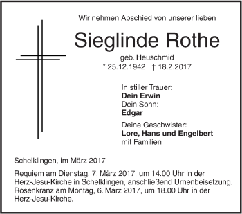 Traueranzeige von Sieglinde Rothe von Ehinger Tagblatt