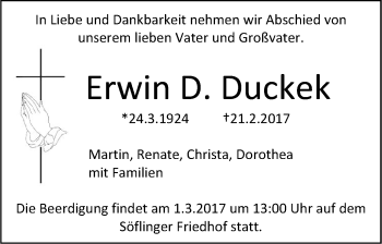 Traueranzeige von Erwin Duckek von Südwest Presse