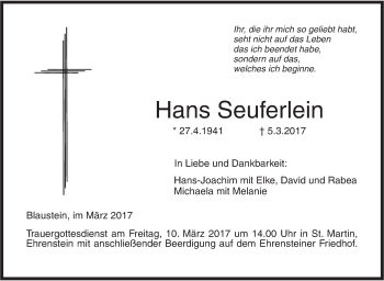 Traueranzeige von Hans Seuferlein von Südwest Presse