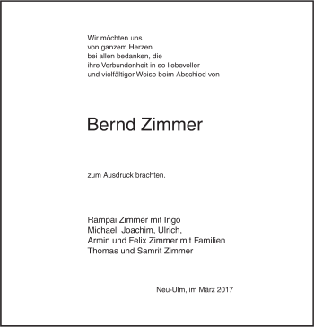 Traueranzeige von Bernd Zimmer von Südwest Presse