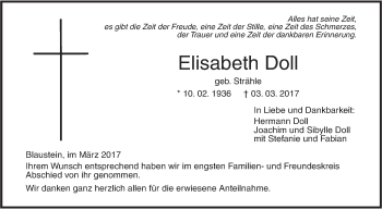 Traueranzeige von Elisabeth Doll von Südwest Presse