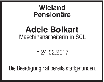 Traueranzeige von Adele Bolkart von Südwest Presse