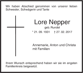 Traueranzeige von Lore Nepper von Südwest Presse