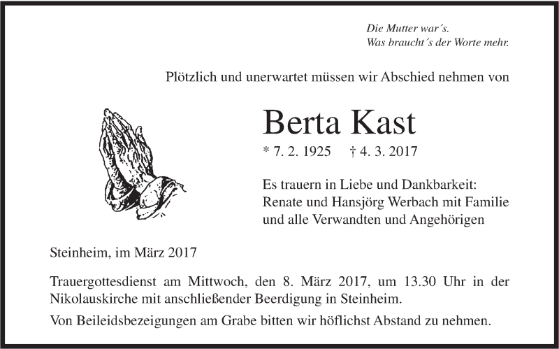  Traueranzeige für Berta Kast vom 06.03.2017 aus Südwest Presse