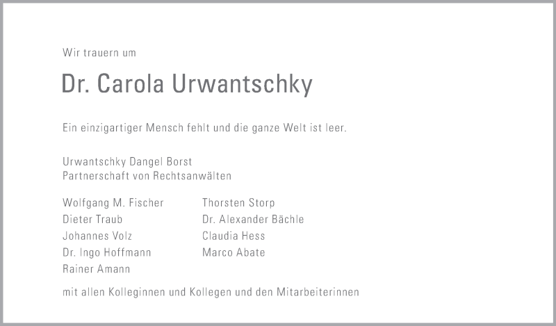  Traueranzeige für Carola Urwantschky vom 11.03.2017 aus Südwest Presse