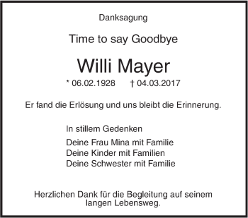 Traueranzeige von Willi Mayer von Südwest Presse