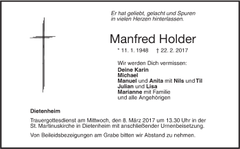 Traueranzeige von Manfred Holder von Illertal Bote