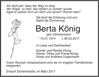 Traueranzeige von Berta König von Südwest Presse