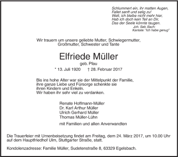 Traueranzeige von Elfriede Müller von Südwest Presse