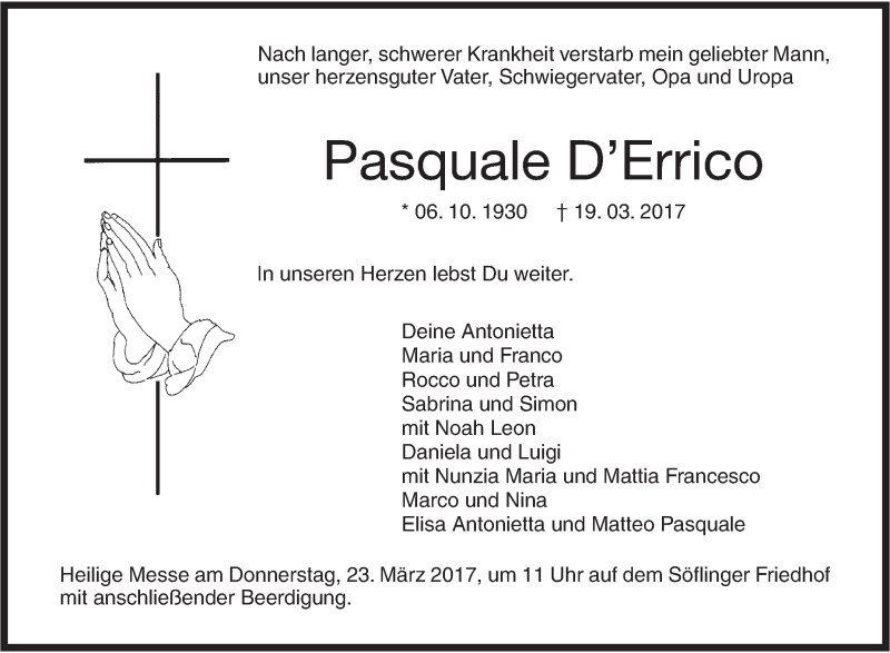  Traueranzeige für Pasquale D´Errico vom 22.03.2017 aus Südwest Presse