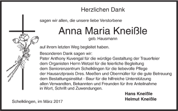 Traueranzeige von Anna Maria Kneißle von Ehinger Tagblatt