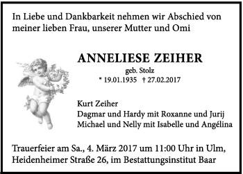 Traueranzeige von Anneliese Zeiher von Südwest Presse