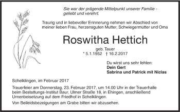 Traueranzeige von Roswitha Hettich von Ehinger Tagblatt