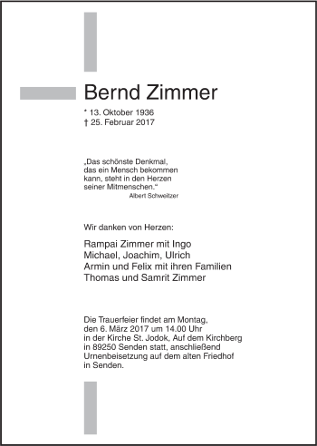 Traueranzeige von Bernd Zimmer von Südwest Presse