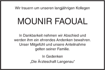 Traueranzeige von Mounir Faoual von Südwest Presse