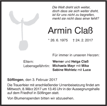Traueranzeige von Armin Claß von Südwest Presse