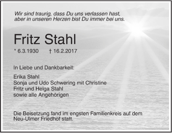 Traueranzeige von Fritz Stahl von Südwest Presse